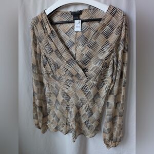 NWT 100% Silk The Limited Brown Babydoll V-neck Top Blouse Large Print Y2K VTG